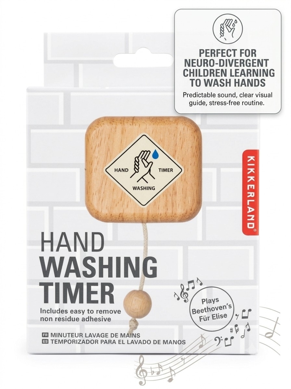 Kikkerland Natural Wood Hand Washing Timer - Beige Wood with Red Accent